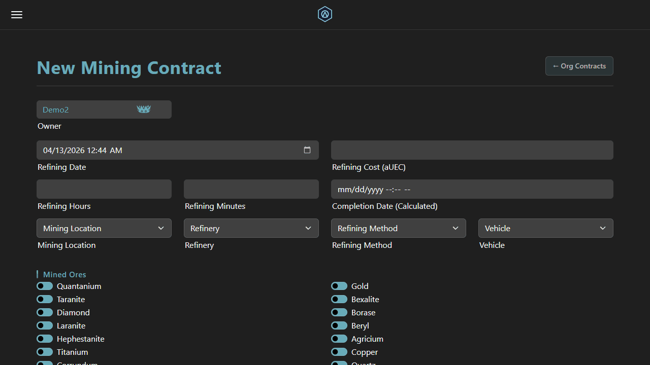 Organization mining contracts list where refining completion is tracked