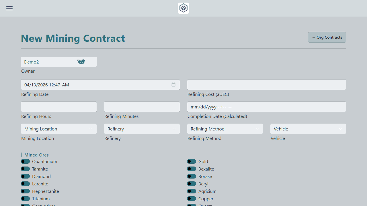 Organization mining contracts list where refining completion is tracked